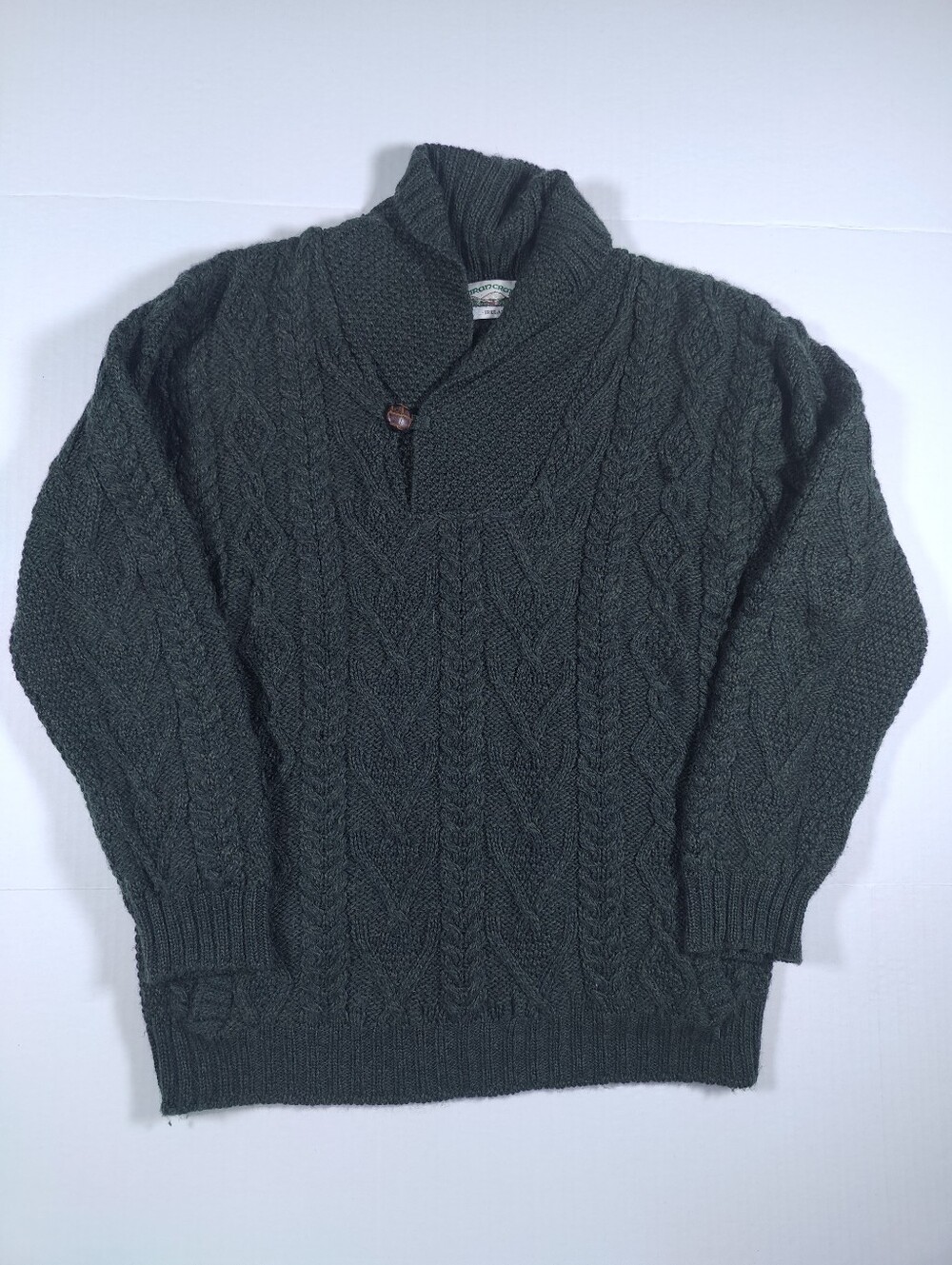 Aran Crafts Dark Green 100% Wool Shawl Cable Knit Cardigan Sz L Made In Ireland